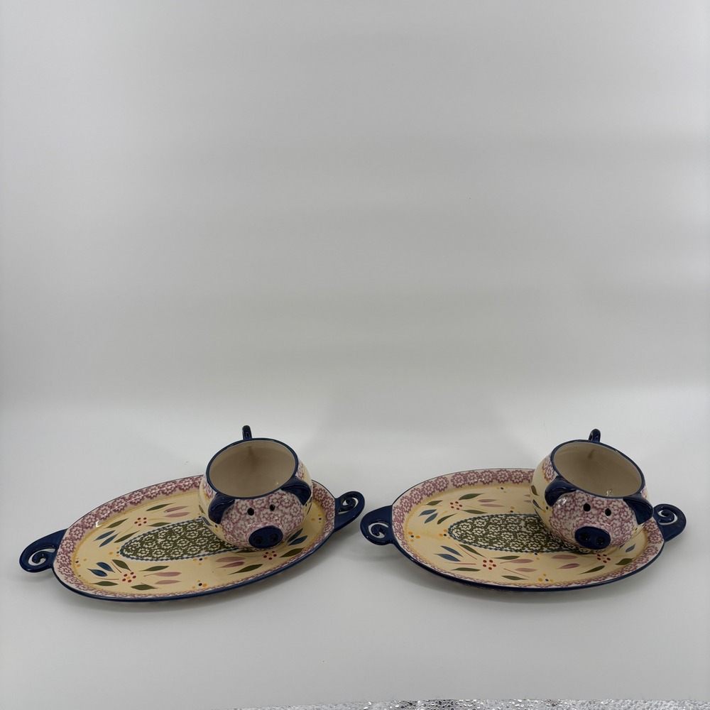 Temp-tations Old World Pig Soup and Sandwich Set 4pc Blue Floral Ceramic